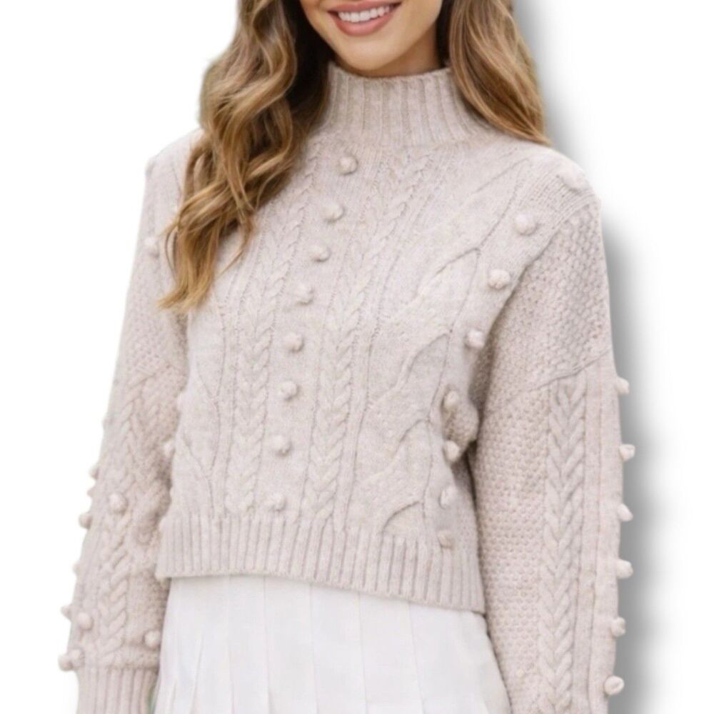 Blank NYC Cable Knit Sweater Womens XS Beige Pom Pom Mock Neck‎ Cropped Preppy